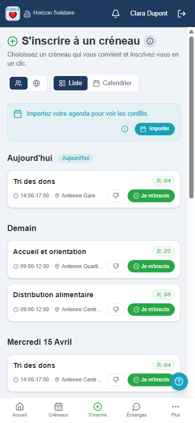 Application BenevolOps — s'inscrire à un créneau en un clic