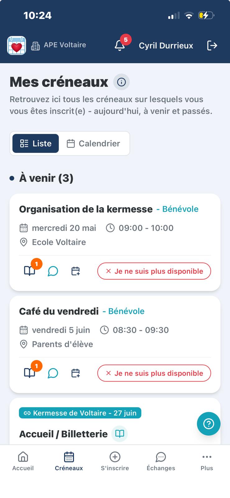 Application mobile BenevolOps — mes créneaux, inscription en un clic